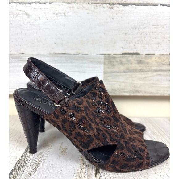 Donald J Pliner Women’s 7 Cheetah Print Leather Shimmer Slingback Peep Toe Heels - Picture 2 of 10